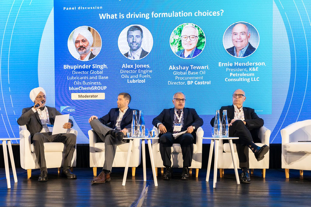 Bhupinder Singh moderating the formulation choices panel at the Argus Global Base Oils Conference in London.
