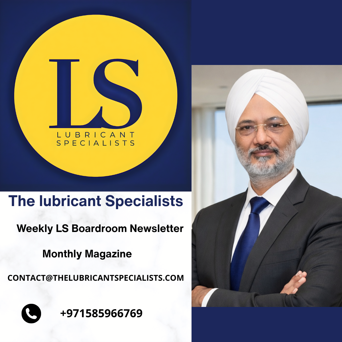 The Lubricant Specialists founder Bhupinder Singh with the LS logo and publication contact information.